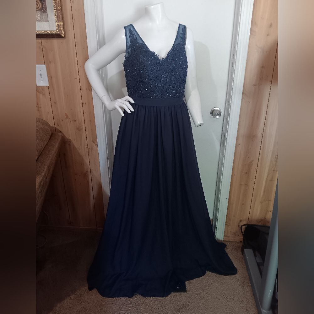 Elegant Navy Blue Evening Gown Corset Adjustable On Back Size 12